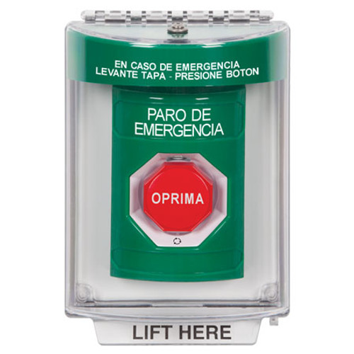 SS2139ES-ES STI Green Indoor/Outdoor Flush Turn-to-Reset (Illuminated) Stopper Station with EMERGENCY STOP Label Spanish