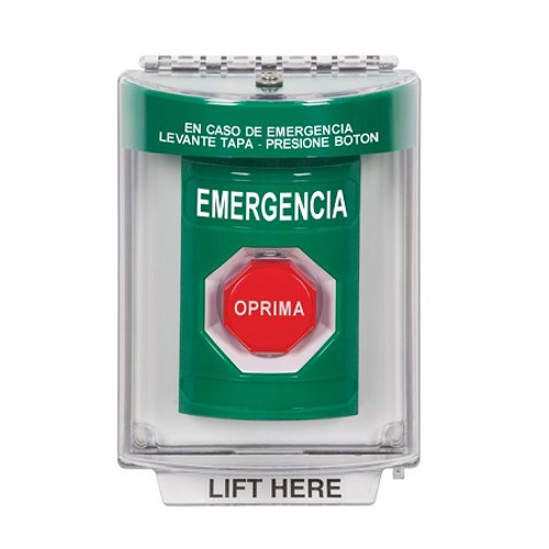 SS2148EM-ES STI Green Indoor/Outdoor Flush w/ Horn Pneumatic (Illuminated) Stopper Station with EMERGENCY Label Spanish