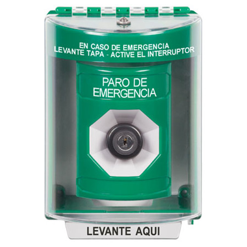 SS2173ES-ES STI Green Indoor/Outdoor Surface Key-to-Activate Stopper Station with EMERGENCY STOP Label Spanish