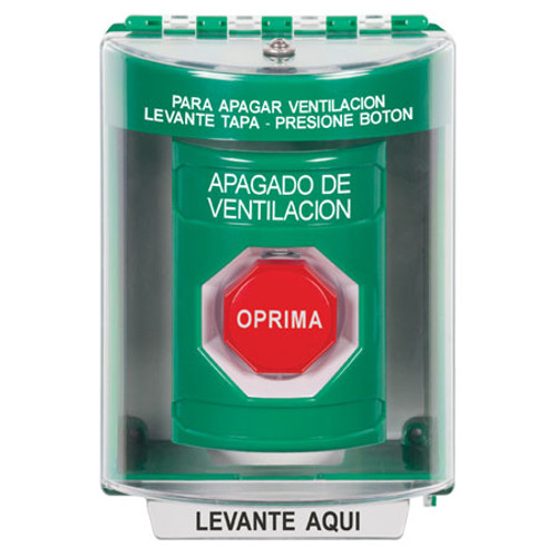 SS2175HV-ES STI Green Indoor/Outdoor Surface Momentary (Illuminated) Stopper Station with HVAC SHUT DOWN Label Spanish