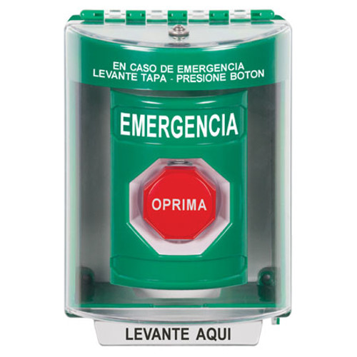SS2178EM-ES STI Green Indoor/Outdoor Surface Pneumatic (Illuminated) Stopper Station with EMERGENCY Label Spanish