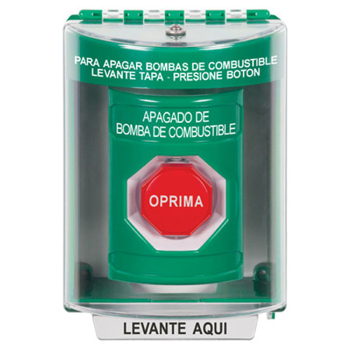 SS2182PS-ES STI Green Indoor/Outdoor Surface w/ Horn Key-to-Reset (Illuminated) Stopper Station with FUEL PUMP SHUT DOWN Label Spanish