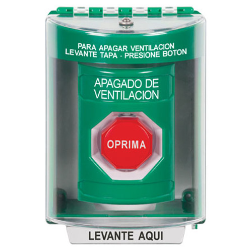 SS2185HV-ES STI Green Indoor/Outdoor Surface w/ Horn Momentary (Illuminated) Stopper Station with HVAC SHUT DOWN Label Spanish