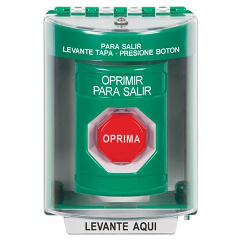 SS2185PX-ES STI Green Indoor/Outdoor Surface w/ Horn Momentary (Illuminated) Stopper Station with PUSH TO EXIT Label Spanish