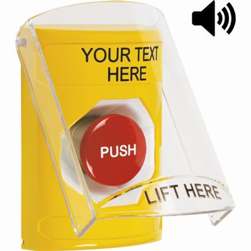 SS22A4ZA-EN STI Yellow Indoor Only Flush or Surface w/ Horn Momentary Stopper Station with Non-Returnable Custom Text Label English