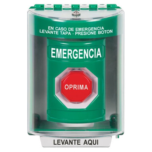 SS2188EM-ES STI Green Indoor/Outdoor Surface w/ Horn Pneumatic (Illuminated) Stopper Station with EMERGENCY Label Spanish