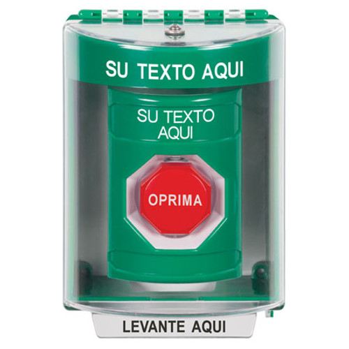 SS2188ZA-ES STI Green Indoor/Outdoor Surface w/ Horn Pneumatic (Illuminated) Stopper Station with Non-Returnable Custom Text Label Spanish