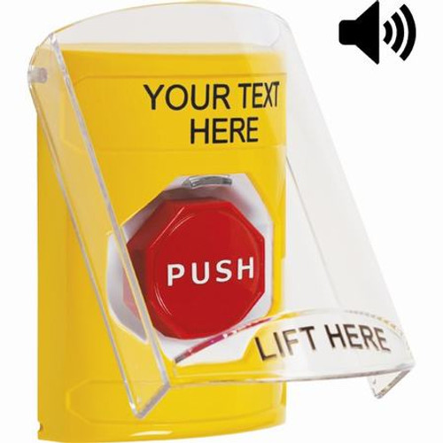 SS22A5ZA-EN STI Yellow Indoor Only Flush or Surface w/ Horn Momentary (Illuminated) Stopper Station with Non-Returnable Custom Text Label English