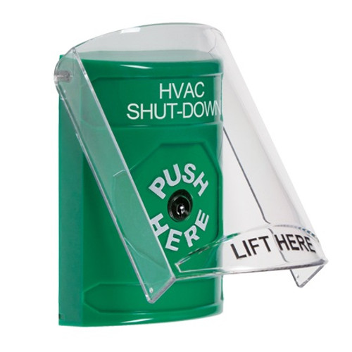 SS21A0HV-ES STI Green Indoor Only Flush or Surface w/ Horn Key-to-Reset Stopper Station with HVAC SHUT DOWN Label Spanish