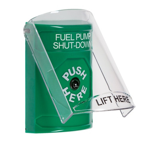 SS21A0PS-ES STI Green Indoor Only Flush or Surface w/ Horn Key-to-Reset Stopper Station with FUEL PUMP SHUT DOWN Label Spanish