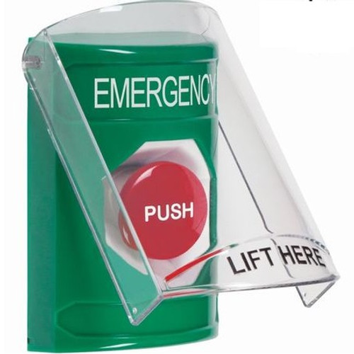 SS21A4EM-ES STI Green Indoor Only Flush or Surface w/ Horn Momentary Stopper Station with EMERGENCY Label Spanish