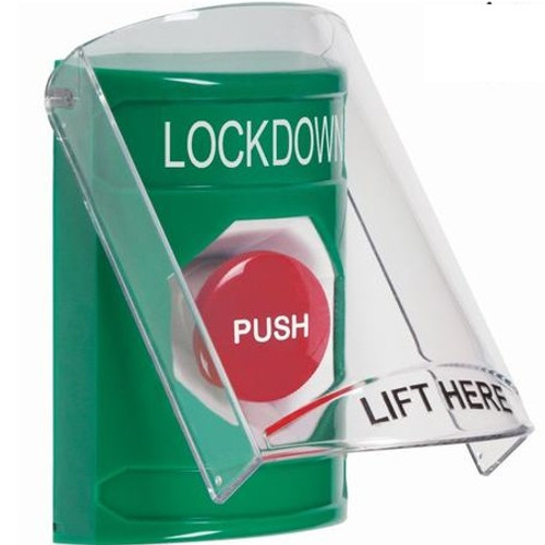 SS21A4LD-ES STI Green Indoor Only Flush or Surface w/ Horn Momentary Stopper Station with LOCKDOWN Label Spanish