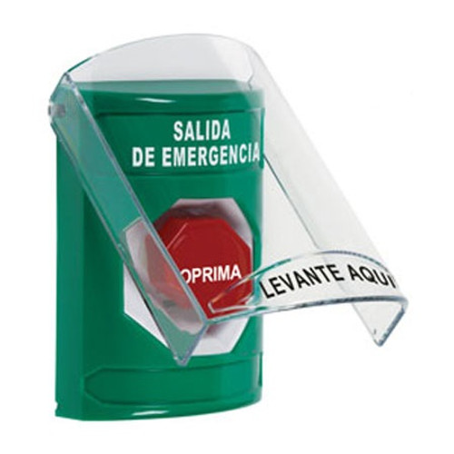 SS21A8EX-ES STI Green Indoor Only Flush or Surface w/ Horn Pneumatic (Illuminated) Stopper Station with EMERGENCY EXIT Label Spanish