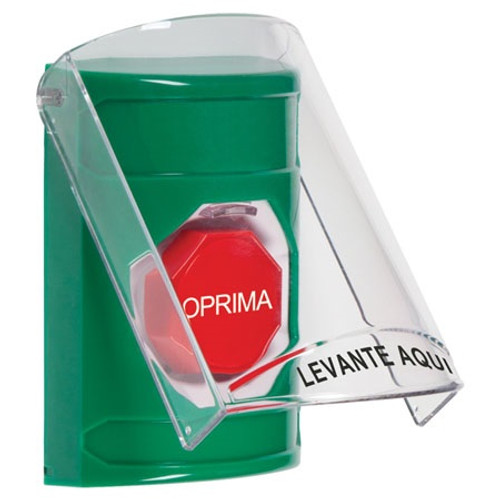 SS21A8NT-ES STI Green Indoor Only Flush or Surface w/ Horn Pneumatic (Illuminated) Stopper Station with No Text Label Spanish