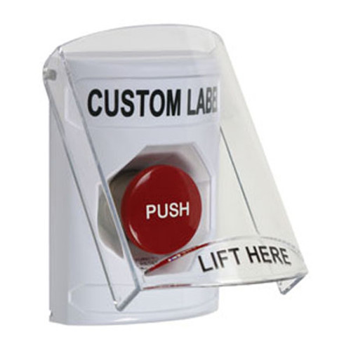 SS2321ZA-EN STI White Indoor Only Flush or Surface Turn-to-Reset Stopper Station with Non-Returnable Custom Text Label English