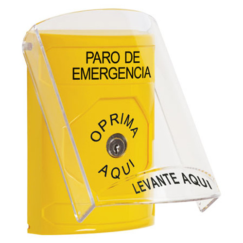 SS2220ES-ES STI Yellow Indoor Only Flush or Surface Key-to-Reset Stopper Station with EMERGENCY STOP Label Spanish