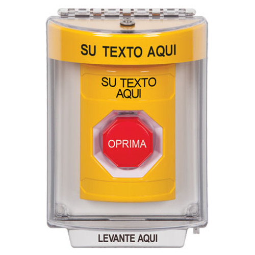 SS2238ZA-ES STI Yellow Indoor/Outdoor Flush Pneumatic (Illuminated) Stopper Station with Non-Returnable Custom Text Label Spanish