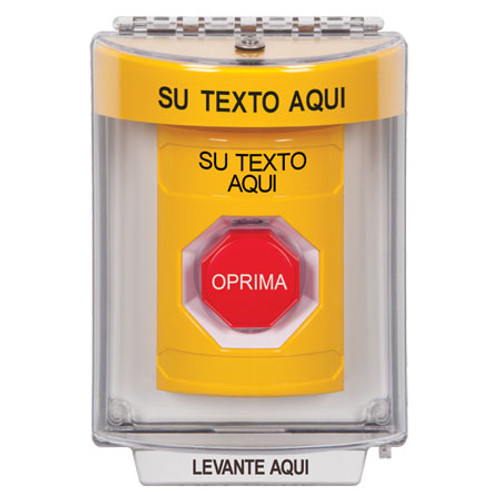 SS2248ZA-ES STI Yellow Indoor/Outdoor Flush w/ Horn Pneumatic (Illuminated) Stopper Station with Non-Returnable Custom Text Label Spanish