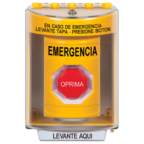 SS2278EM-ES STI Yellow Indoor/Outdoor Surface Pneumatic (Illuminated) Stopper Station with EMERGENCY Label Spanish