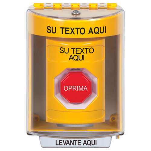 SS2278ZA-ES STI Yellow Indoor/Outdoor Surface Pneumatic (Illuminated) Stopper Station with Non-Returnable Custom Text Label Spanish