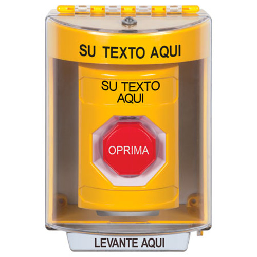 SS2288ZA-ES STI Yellow Indoor/Outdoor Surface w/ Horn Pneumatic (Illuminated) Stopper Station with Non-Returnable Custom Text Label Spanish