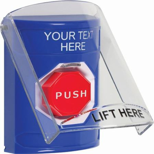 SS2422ZA-EN STI Blue Indoor Only Flush or Surface Key-to-Reset (Illuminated) Stopper Station with Non-Returnable Custom Text Label English