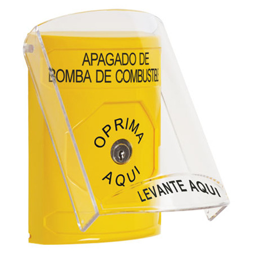 SS22A0PS-ES STI Yellow Indoor Only Flush or Surface w/ Horn Key-to-Reset Stopper Station with FUEL PUMP SHUT DOWN Label Spanish