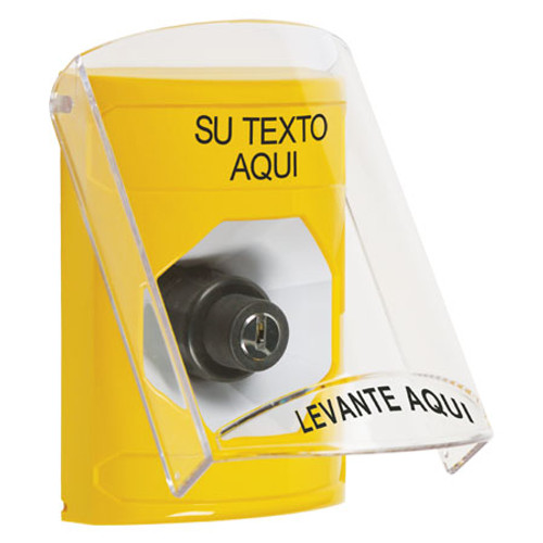 SS22A3ZA-ES STI Yellow Indoor Only Flush or Surface w/ Horn Key-to-Activate Stopper Station with Non-Returnable Custom Text Label Spanish