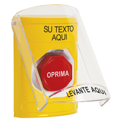 SS22A8ZA-ES STI Yellow Indoor Only Flush or Surface w/ Horn Pneumatic (Illuminated) Stopper Station with Non-Returnable Custom Text Label Spanish