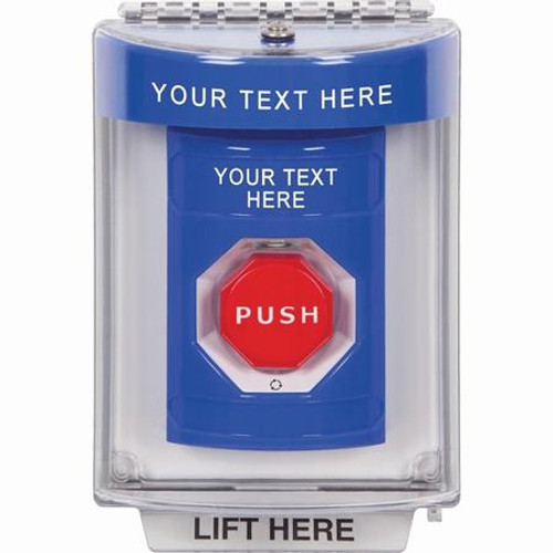 SS2439ZA-EN STI Blue Indoor/Outdoor Flush Turn-to-Reset (Illuminated) Stopper Station with Non-Returnable Custom Text Label English