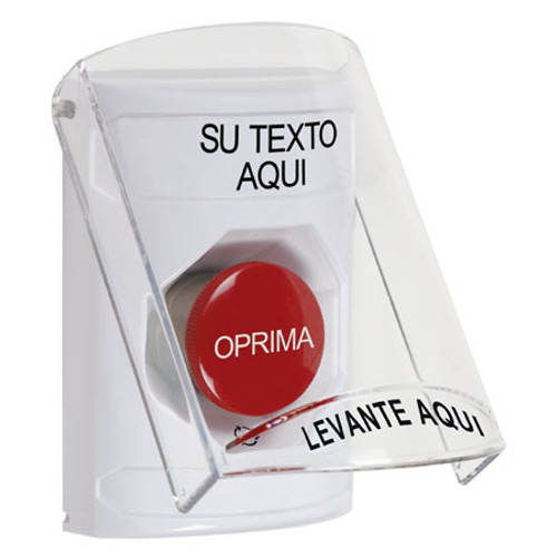 SS2321ZA-ES STI White Indoor Only Flush or Surface Turn-to-Reset Stopper Station with Non-Returnable Custom Text Label Spanish