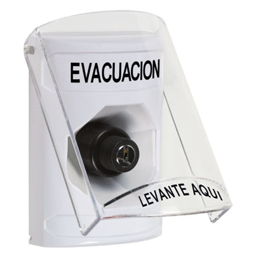 SS2323EV-ES STI White Indoor Only Flush or Surface Key-to-Activate Stopper Station with EVACUATION Label Spanish