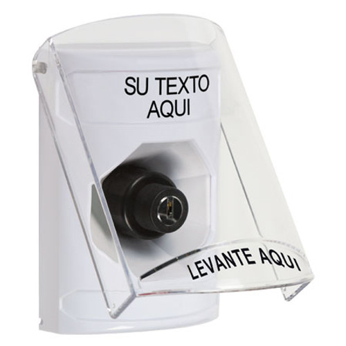 SS2323ZA-ES STI White Indoor Only Flush or Surface Key-to-Activate Stopper Station with Non-Returnable Custom Text Label Spanish