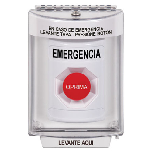 SS2334EM-ES STI White Indoor/Outdoor Flush Momentary Stopper Station with EMERGENCY Label Spanish