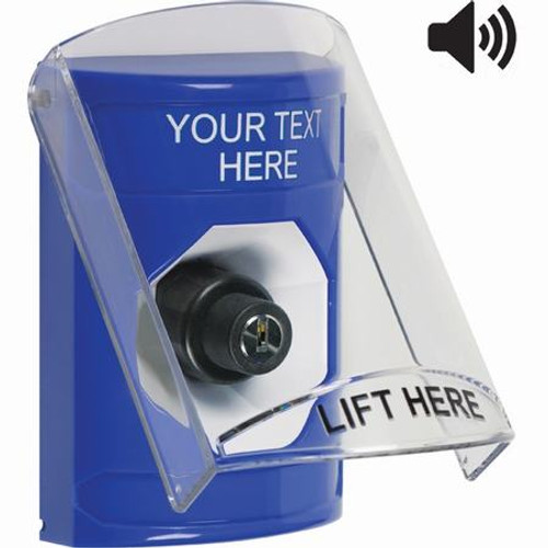 SS24A3ZA-EN STI Blue Indoor Only Flush or Surface w/ Horn Key-to-Activate Stopper Station with Non-Returnable Custom Text Label English