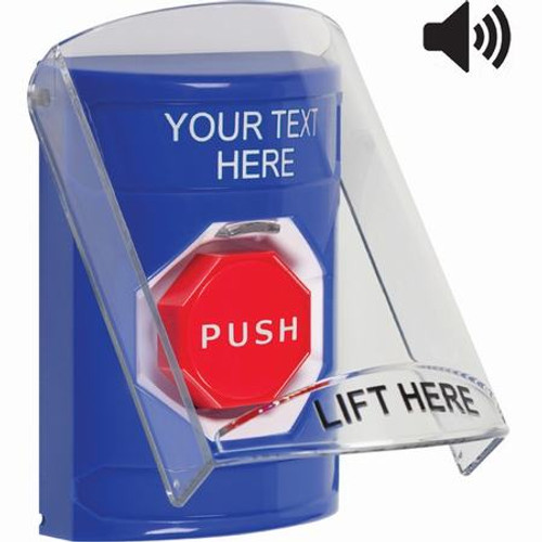 SS24A5ZA-EN STI Blue Indoor Only Flush or Surface w/ Horn Momentary (Illuminated) Stopper Station with Non-Returnable Custom Text Label English