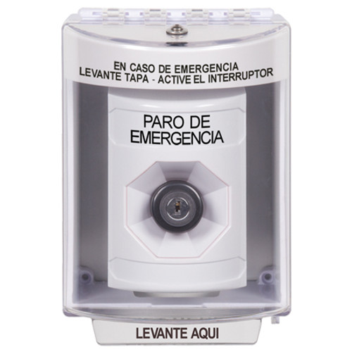 SS2373ES-ES STI White Indoor/Outdoor Surface Key-to-Activate Stopper Station with EMERGENCY STOP Label Spanish