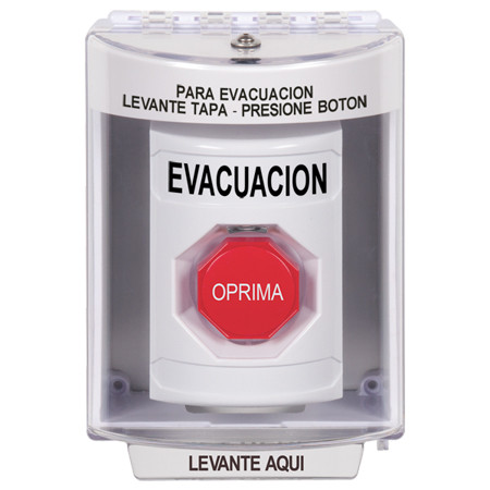 SS2378EV-ES STI White Indoor/Outdoor Surface Pneumatic (Illuminated) Stopper Station with EVACUATION Label Spanish