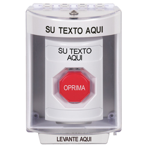 SS2378ZA-ES STI White Indoor/Outdoor Surface Pneumatic (Illuminated) Stopper Station with Non-Returnable Custom Text Label Spanish