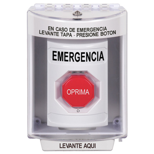 SS2379EM-ES STI White Indoor/Outdoor Surface Turn-to-Reset (Illuminated) Stopper Station with EMERGENCY Label Spanish