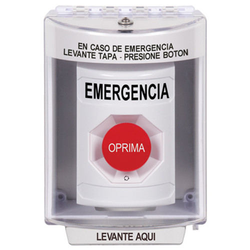 SS2381EM-ES STI White Indoor/Outdoor Surface w/ Horn Turn-to-Reset Stopper Station with EMERGENCY Label Spanish