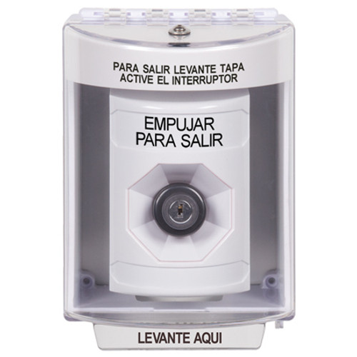 SS2383PX-ES STI White Indoor/Outdoor Surface w/ Horn Key-to-Activate Stopper Station with PUSH TO EXIT Label Spanish
