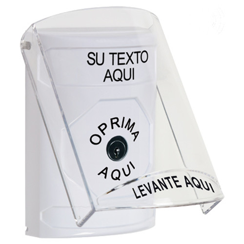 SS23A0ZA-ES STI White Indoor Only Flush or Surface w/ Horn Key-to-Reset Stopper Station with Non-Returnable Custom Text Label Spanish