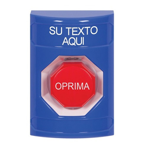 SS2405ZA-ES STI Blue No Cover Momentary (Illuminated) Stopper Station with Non-Returnable Custom Text Label Spanish