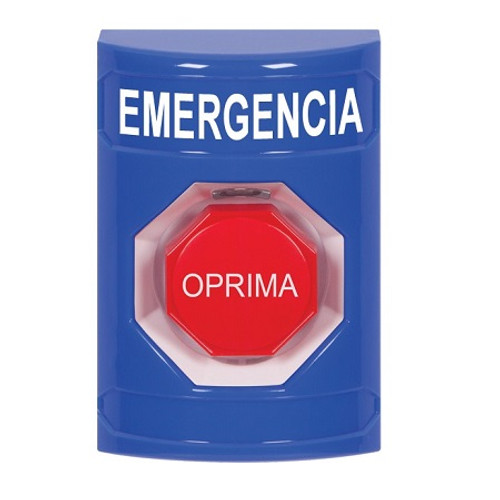 SS2408EM-ES STI Blue No Cover Pneumatic (Illuminated) Stopper Station with EMERGENCY Label Spanish