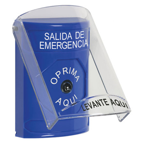 SS2420EX-ES STI Blue Indoor Only Flush or Surface Key-to-Reset Stopper Station with EMERGENCY EXIT Label Spanish