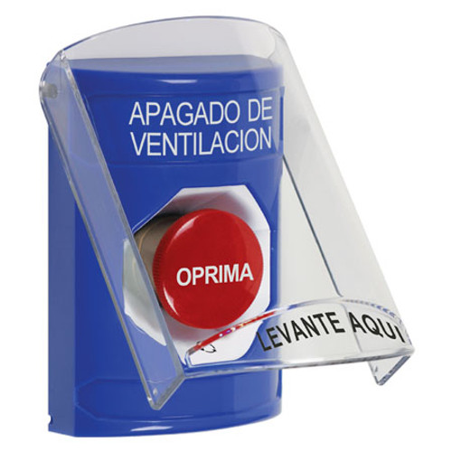 SS2421HV-ES STI Blue Indoor Only Flush or Surface Turn-to-Reset Stopper Station with HVAC SHUT DOWN Label Spanish