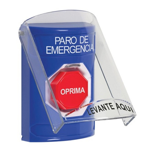 SS2425ES-ES STI Blue Indoor Only Flush or Surface Momentary (Illuminated) Stopper Station with EMERGENCY STOP Label Spanish
