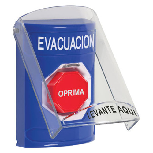 SS2425EV-ES STI Blue Indoor Only Flush or Surface Momentary (Illuminated) Stopper Station with EVACUATION Label Spanish