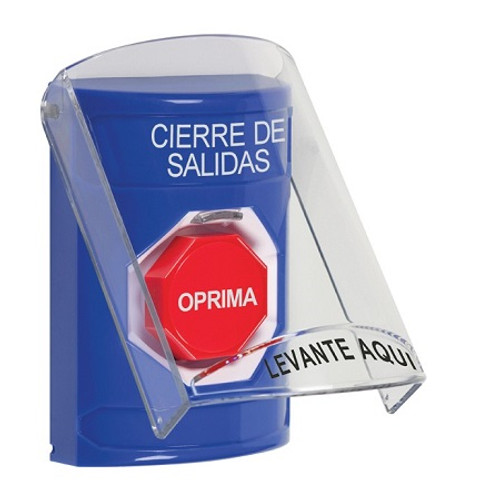 SS2425LD-ES STI Blue Indoor Only Flush or Surface Momentary (Illuminated) Stopper Station with LOCKDOWN Label Spanish